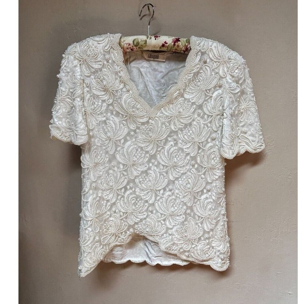 Vintage I.Magnin Women's Pearly Beaded Top V-Neck Ivory Size XS Short Sleeve